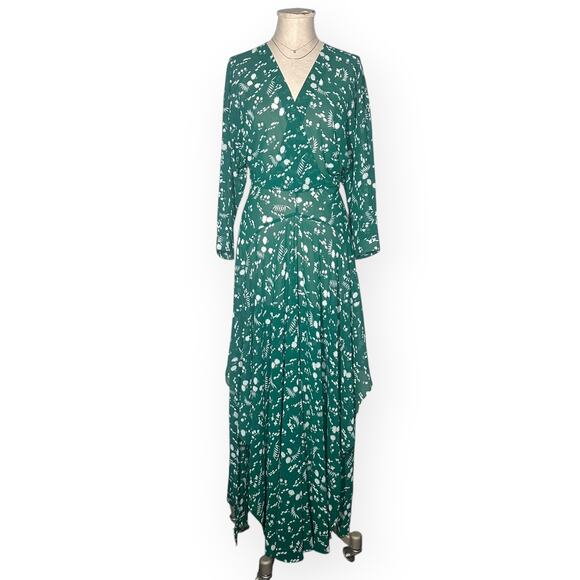 MAJE Green Floral Midi Dress Surplice Neck Wedding Cocktail Party Romantic Boho - Picture 2 of 12